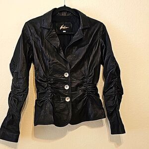Neto‎ Vintage Black  Ruched Leather Jacket Coat size 4